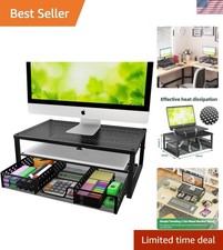 Ergonomic Black Metal Monitor Stand Riser with Drawer for Workspace Organization picture