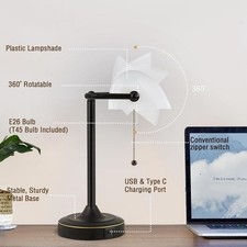 Black LED Bankers Desk Lamp USB Type C Charging Port Pull Chain New picture