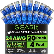GEARit Cat6 Patch Cables Cat 6 Ethernet Cable 4 ft 20-Pack Blue NEW picture