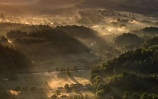 Landscape nature sunbeams mist forest village trees sun Custom Gaming Mat Desk picture
