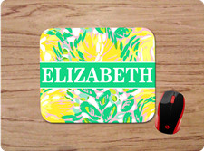 LILLY INSPIRED YELLOW TROPICAL PRINT PERSONALIZED NAME MOUSE PAD HOME OFFICE picture