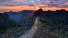 Landscape nature path mountains sunset orange sky Custom Gaming Mat Desk picture