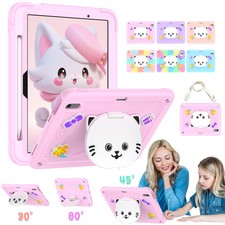 For Apple iPad Air 11 inch M2/M3/M4 Model Kids Cute Cat Stand Case Cover w Strap picture