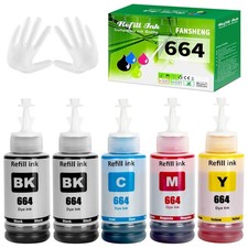 664 Ink Refill Bottles High Capacity For ET-2650 ET-2500 2BK C M Y 5 PCS picture
