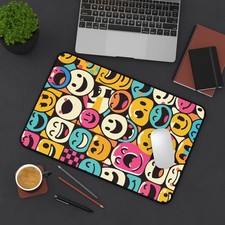 Colorful Retro Smiley Pattern Desk Mat | Pop Art Mousepad | Neoprene Game Pad  picture