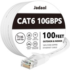 Cat6 Ethernet Cable 100FT High Speed Flat Network LAN Cord White with Clips 100 picture