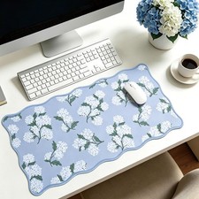 Hydrangea Computer Desk Mat Blue White Flower Scalloped Pad Spring Floral Ext... picture