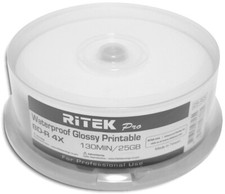 25-Pak RITEK PRO Waterproof GLOSSY White Inkjet Hub 25GB 4X Blu-ray BD-R’s picture