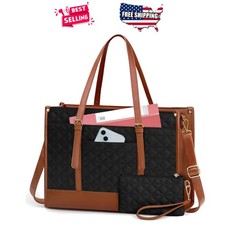 Laptop Bag for Women 15.6 Inch Quilted  Leather Tote Briefcase Black Brown picture