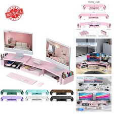Elegant Pink Dual Monitor Stand Riser with Drawer & Pen Holders - Ergonomic picture