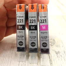 3 New Genuine Canon CLI 221 Ink Cartridges 2 Black and 1 Magenta No Box Sealed picture