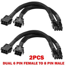 2X Dual 6 Pin Female to 8 Pin Male GPU Adapter Cable Braided Sleeved 20cm US picture