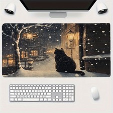 Winter-Themed Mouse Pad Featuring a Cozy Night Scene with a Black Cat And Stre picture