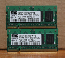 (Lot of 2) Genuine ProMOS V916764B24QCFW-F5 512MB SoDimm 200 Pin PC2-5300 CL5 picture