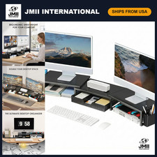 Dual Monitor Stand Riser with Drawer, Desk Organizer & 2 Pen Holders - Black picture