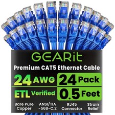 24pack Cat5e Ethernet Patch Cable 0.5 Feet Snagless Rj45 Computer Lan Network Co picture