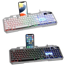 104 Key Wired Gaming Keyboard Rainbow RGB Backlit Metal Panel Phone Holder Stand picture