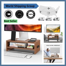 Ergonomic 2-Tier Wooden Monitor Stand Riser for Comfortable Workspace picture