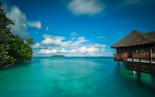 Landscape nature bungalow sea clouds walkway beach Custom Gaming Mat Desk picture