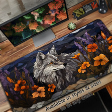 Medieval Style Stained Glass Wolf and Wildflowers Print - Gaming Desk Pad picture