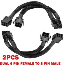 2X Dual 6 Pin Female to 8 Pin Male GPU Adapter Cable Braided Sleeved 20cm NEW picture