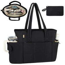 Black Lightweight Puffer Tote Puffy Work Bag Fits 15.6 Inch Laptop Clutch Cup picture