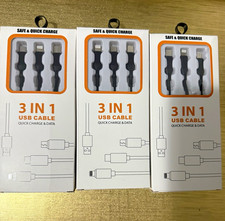 3-in-1 Flat USB 2.0 Cable 1:3 Lightning Micro-USB USB-C Black 1-4 ft picture
