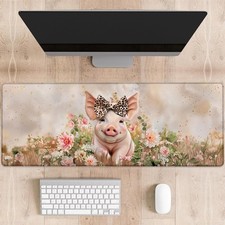Cute Pig Gaming Mouse Pad Adorable Piglet Leopard Bow Large Desk Mat 31.5x11.8