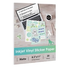 Inkjet Vinyl Sticker Paper, 20 Sheets, Waterproof, 8.5x11, Matte White picture