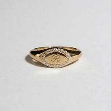 Personalized Diamond Halo Letter Ring, Custom Initial Signet Ring, Monogram Oval picture